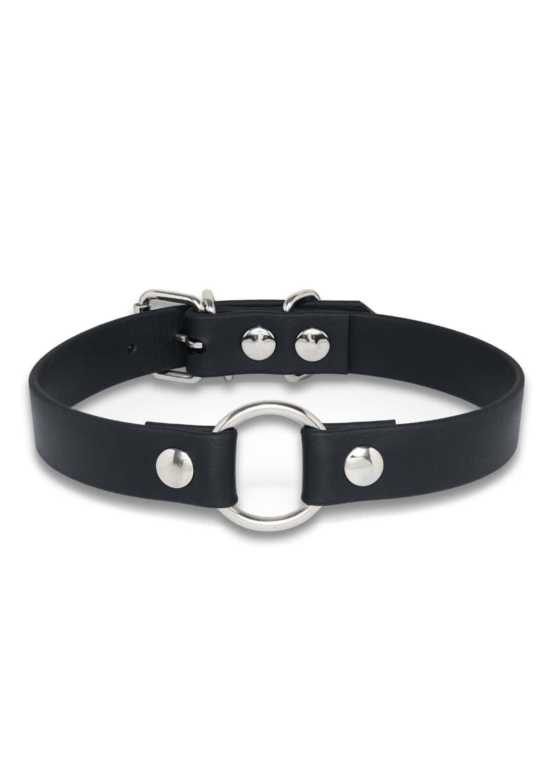 Schwarzer leder choker easure o-ring mit silbernen metallnieten und ovalem ring aus langlebigem material für gothic looks